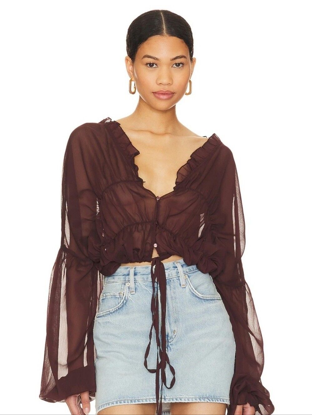 SNDYS. X Revolve Bali Top in Brown SNDYS sheer Ruffle Blouse Small